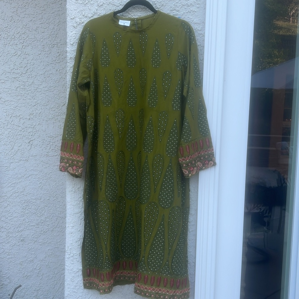 ZARA SHAHJAHAN Olive Green Embroidered Design Long Dress Women's Size L